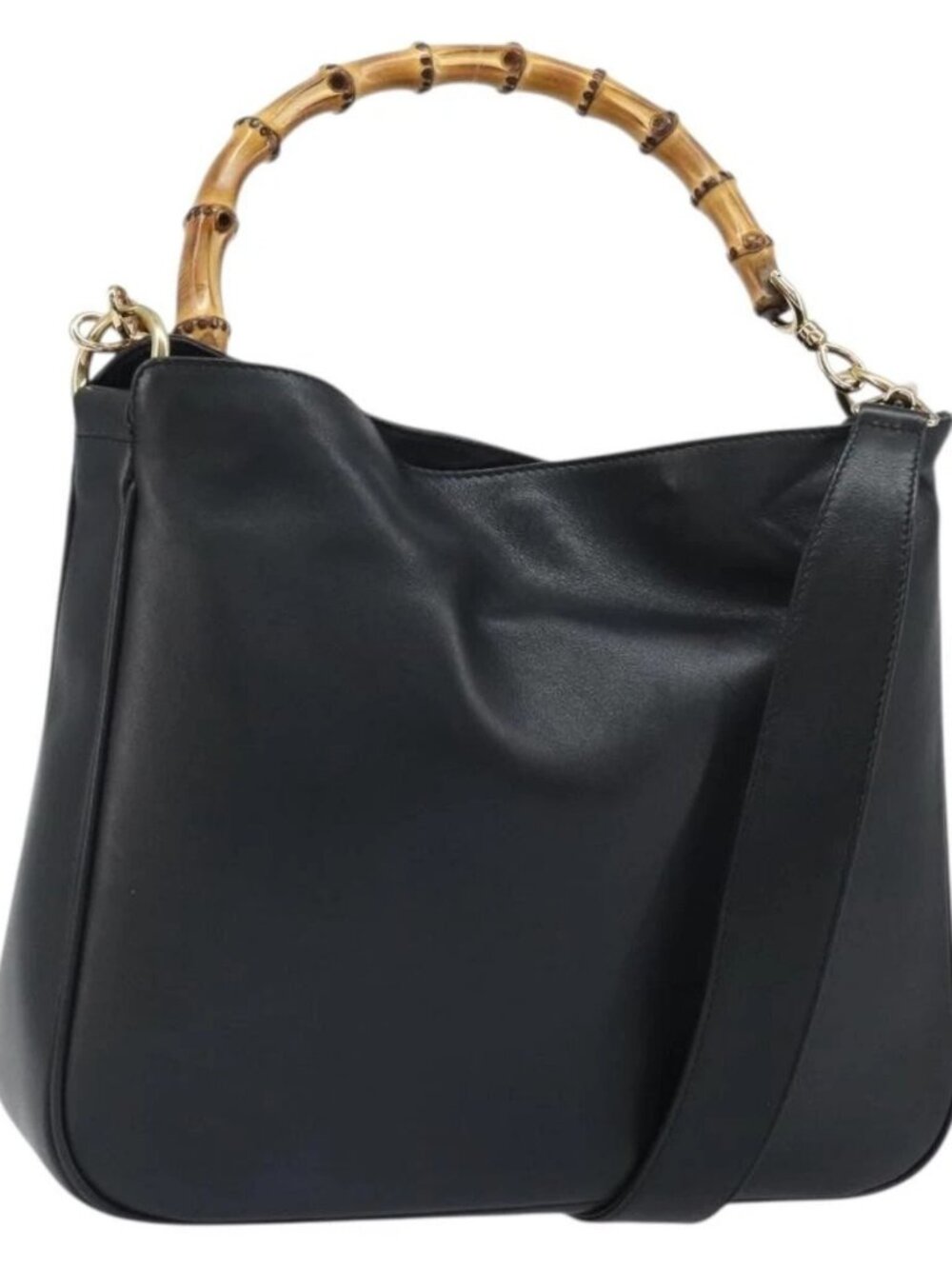 GUCCI Bamboo Hand Bag Leather 2way Black Gold 001 1998 1638 Auth bs32867